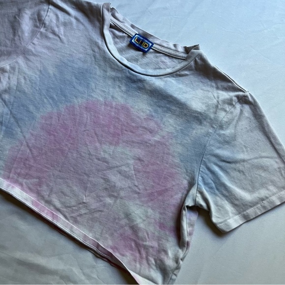 LHD white purple blue tie dye cotton cropped boxy short sleeve knit T-shirt - Picture 2 of 4